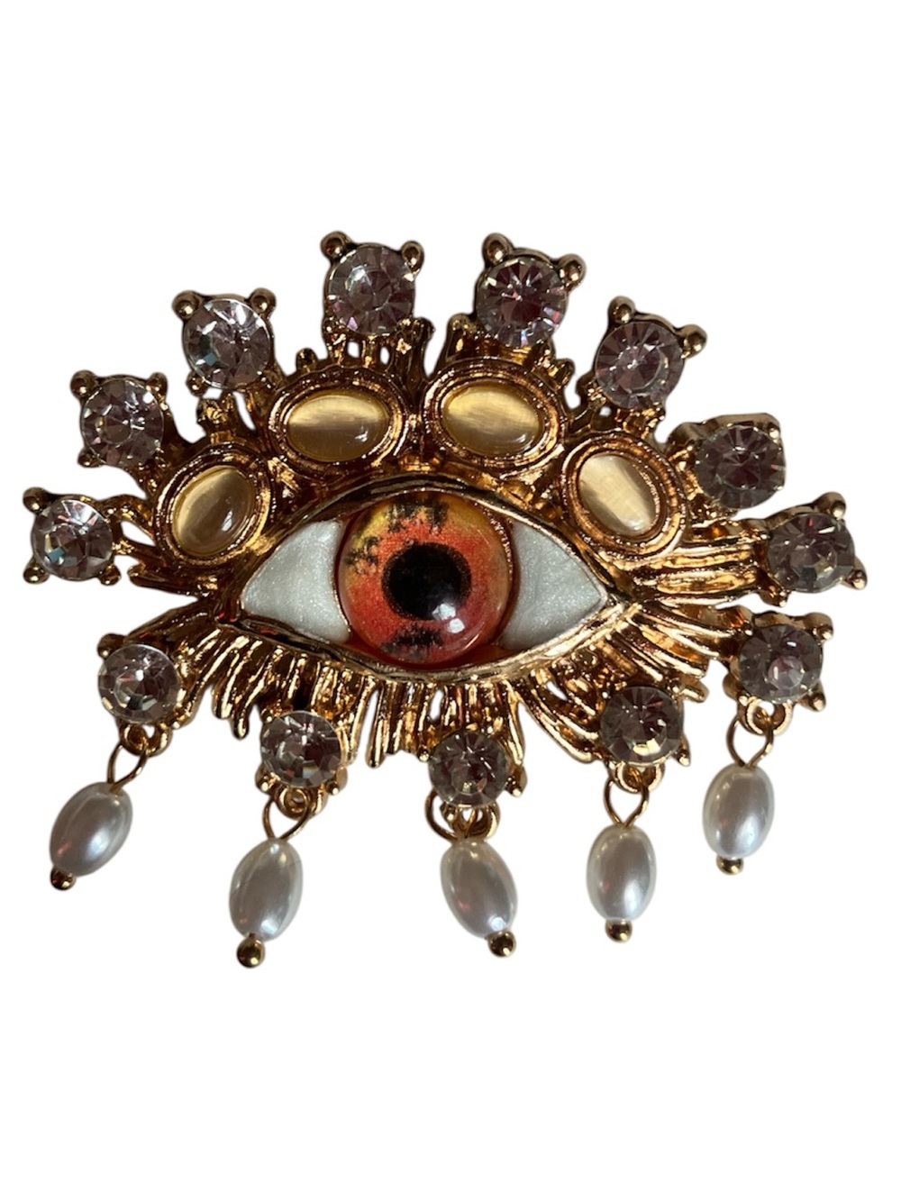 New Gold-Tone Orange Red Statement eye Brooch with Crystal & Pearl Drops - Picture 3 of 8